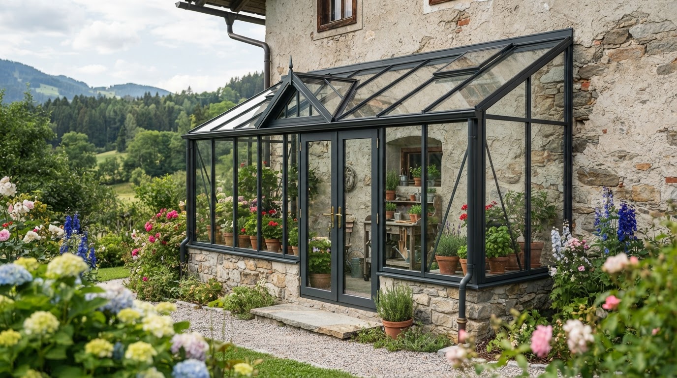 Anlehngewächshaus mit Glas