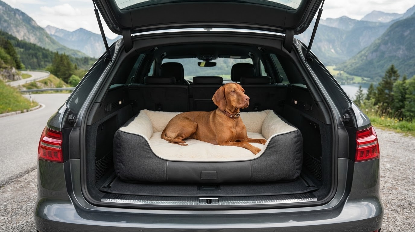 Hund im Auto auf einem Hundebett