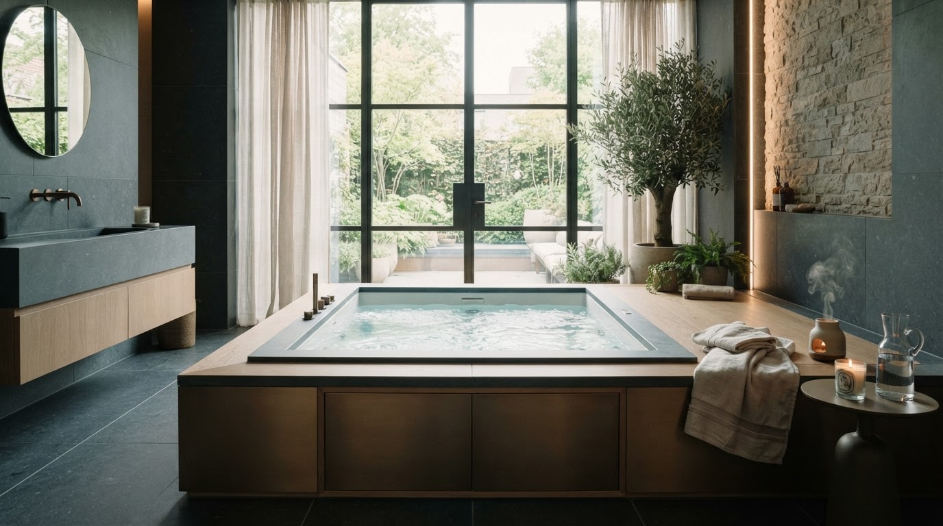 Salle de bain moderne sur mesure avec baignoire spa
