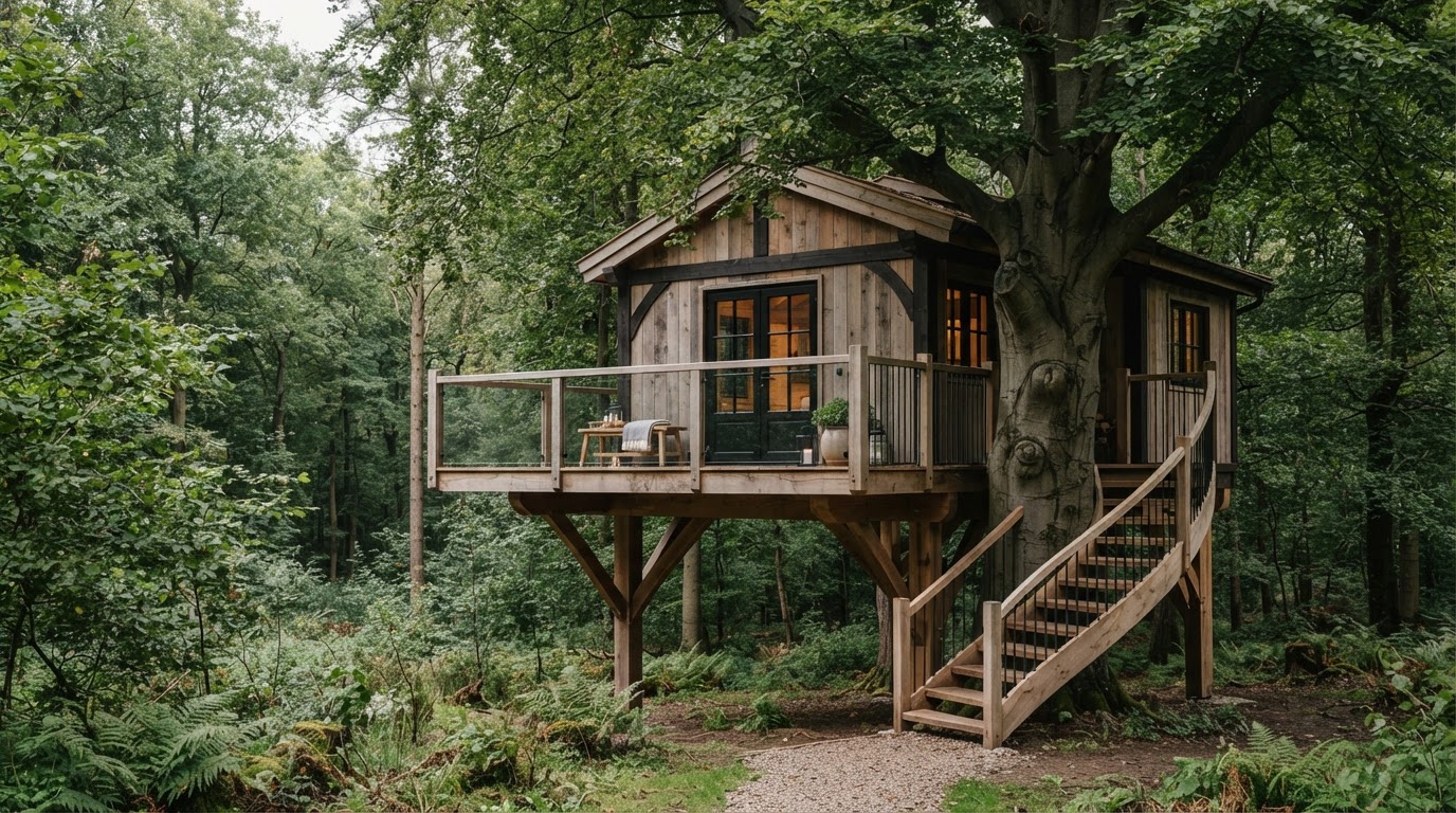 Op maat gemaakte boomhut in een tuin