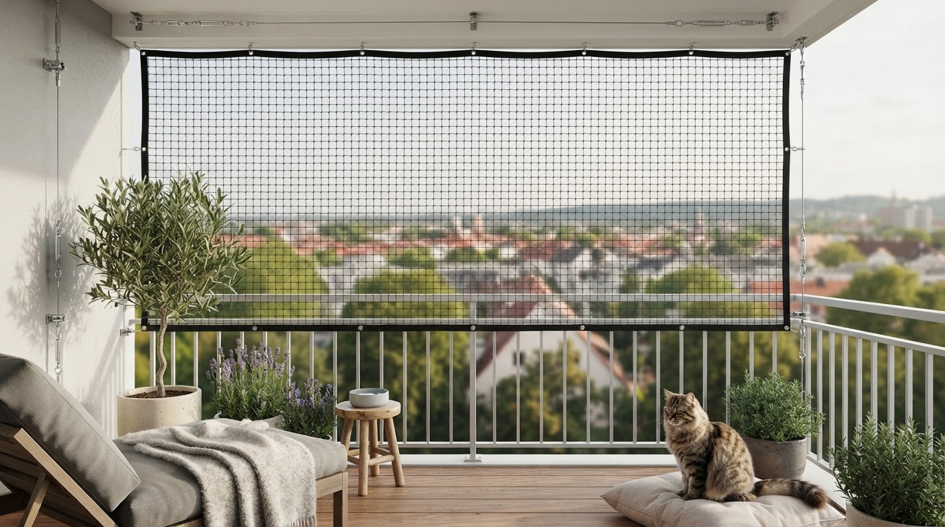 Katze auf einem Balkon mit Netz