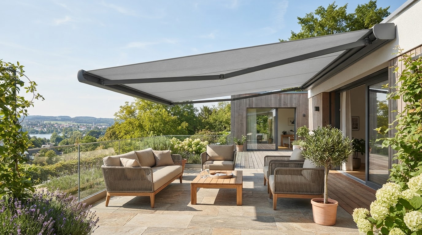 Terrasse mit maßgefertigtem Sonnenschutz