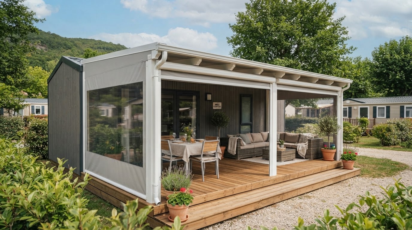 Bâche de terrasse sur mesure pour mobil-home