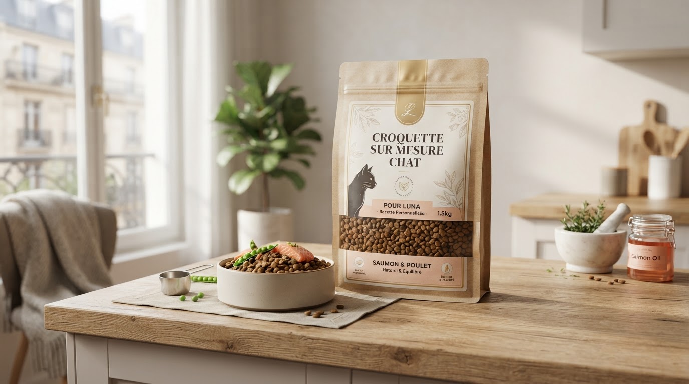 Chat mangeant des croquettes sur mesure