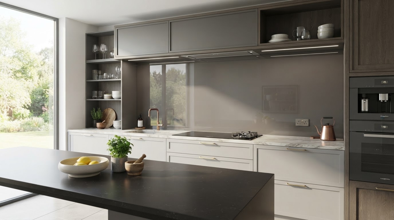 Bespoke glass splashback in a modern kitchen