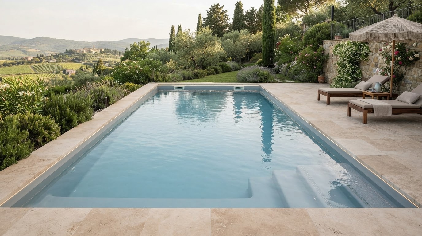Piscina in vetroresina su misura in un giardino