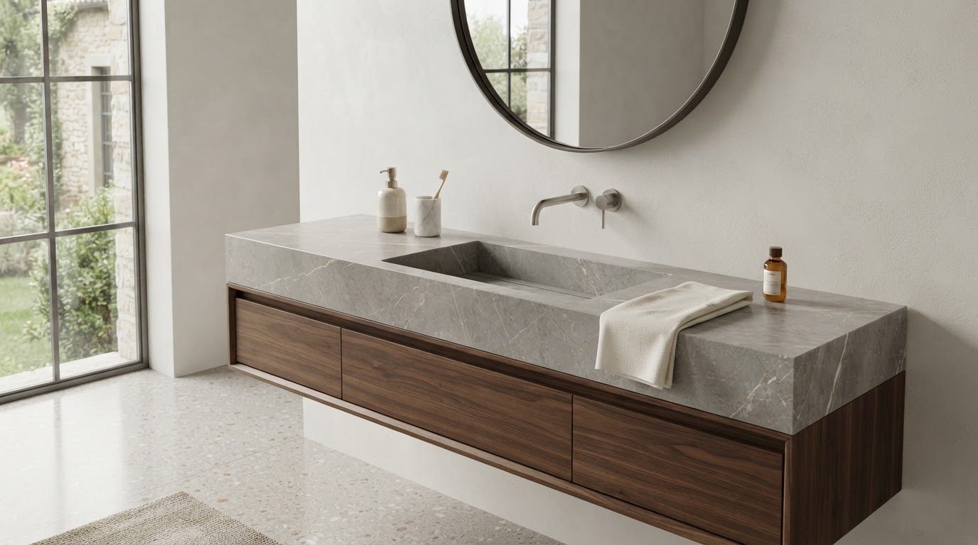 Top bagno su misura con lavabo integrato