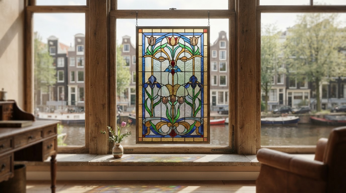 Glas-in-lood raam met bloemmotief