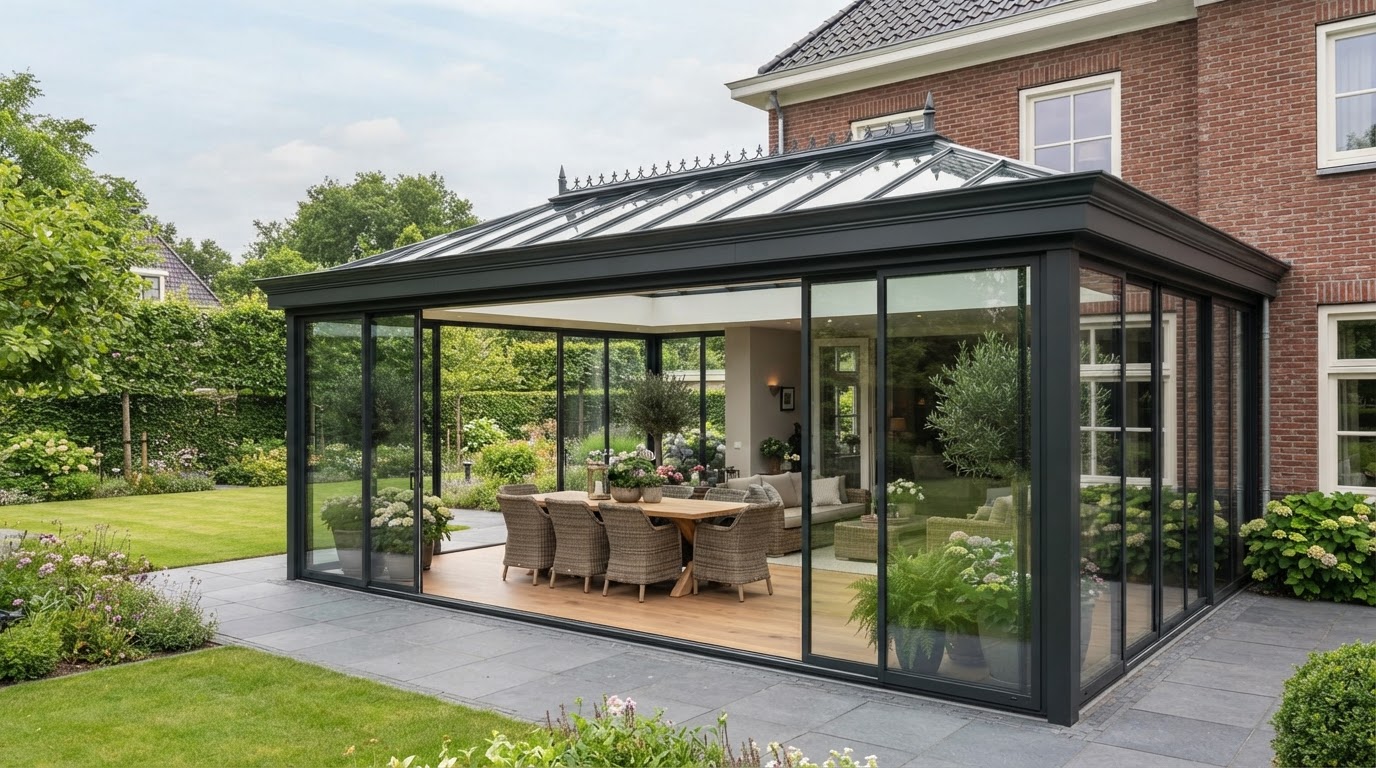 Moderne serre op maat gebouwd aan een huis