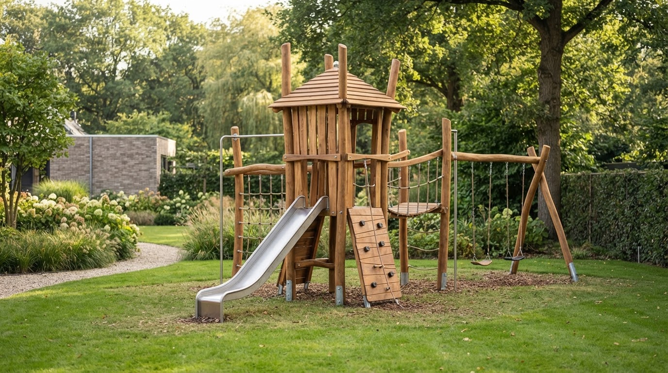 kind speelt op op maat gemaakt houten speeltoestel